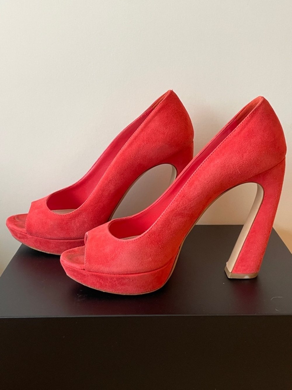 Miu Miu Red Suede Peep-Toe Platform Heels EU 38 Designer Pumps